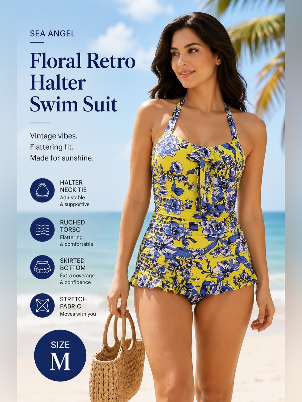 💙 Sea Angel Floral Retro Halter Swim Suit